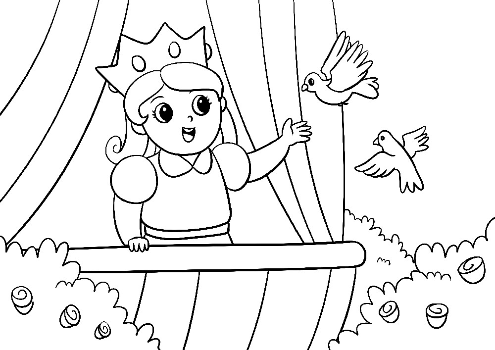 Ausmalbilder Märchen - Prinzessin auf einem Balkon spielt mit kleinen Vögeln