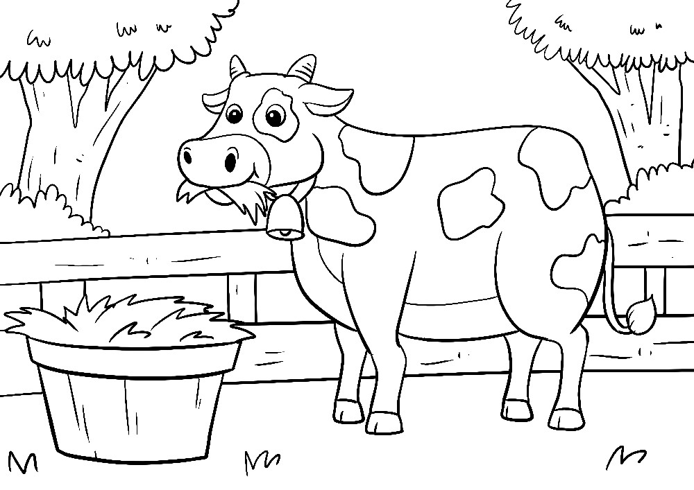 Ausmalbilder Bauernhof - Eine kleine Kuh auf einer Weide frisst ihr Futter