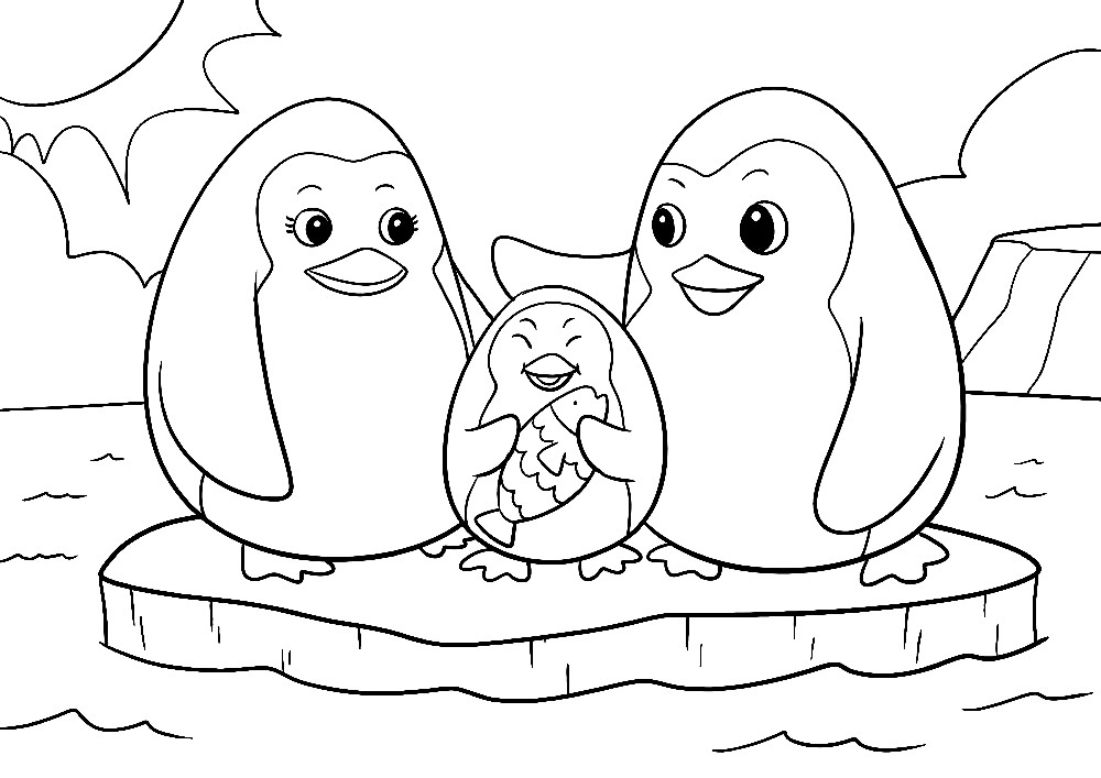 Ausmalbilder Tiere - Zwei Pinguine mit einem Pinguinbaby auf einer kleinen Eisscholle