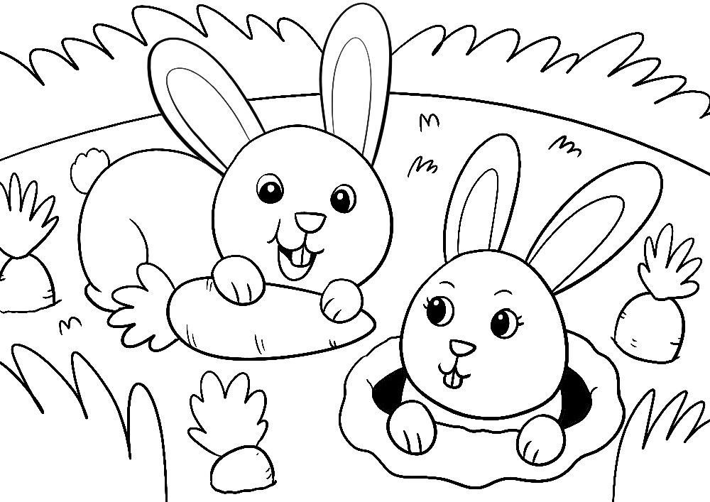 Ausmalbilder Tiere - Zwei fröhliche Hasen spielen auf einem Karottenfeld